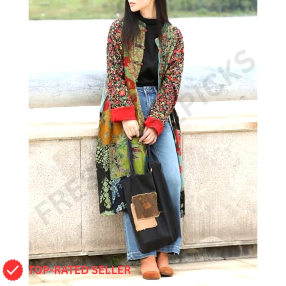 Cotton Linen Patchwork Long Jacket Oversized Cott… - image 6